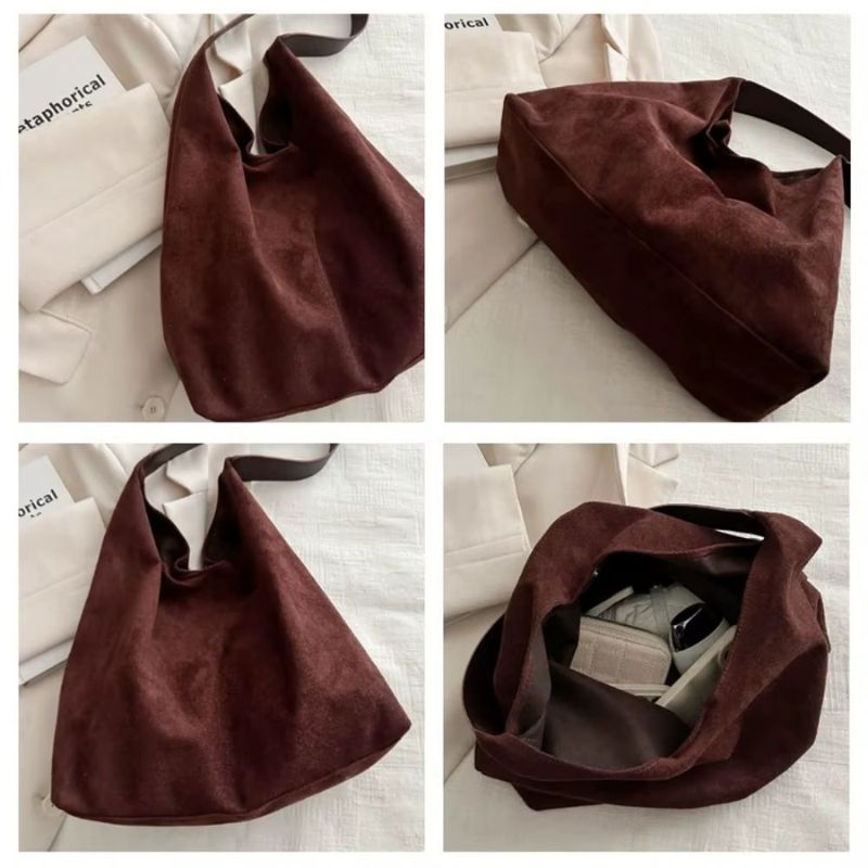 Bolsa Feminina de Ombro Tipo Saco em Suede Sintético Estilo Camurça Ayla