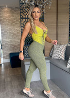 Macacão Fitness Chapisco Top Amarelo Trançado Legging Verde
