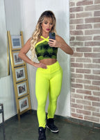 Conjunto Fitness Top Alça Cruzada Tie Dye Legging Verde Fluorescente