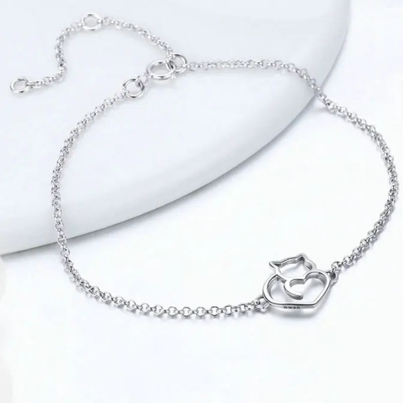 Pulseira Prata Esterlina 925 com Pingente de Gatinho