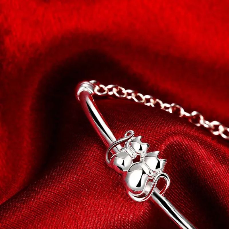 Pulseira Prata Esterlina 925 2 Gatinhos mais Pingente Coração