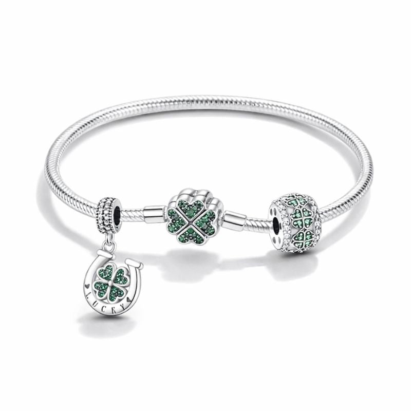Conjunto 2 Berloques + Pulseira Prata Esterlina 925 – Trevo da Sorte