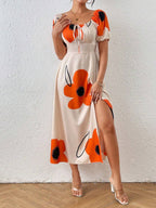 Vestido Floral Elegante com Manga Bufante e Fenda Lateral