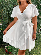 Vestido Plus Size Casual, Bainha com Babado e Manga Esvoaçant